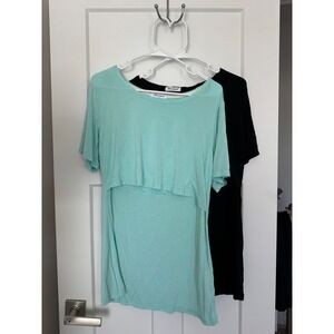 Bearsland Nursing Tops XL Set of 2 Black Mint Green Short Sleeve Maternity Shirt